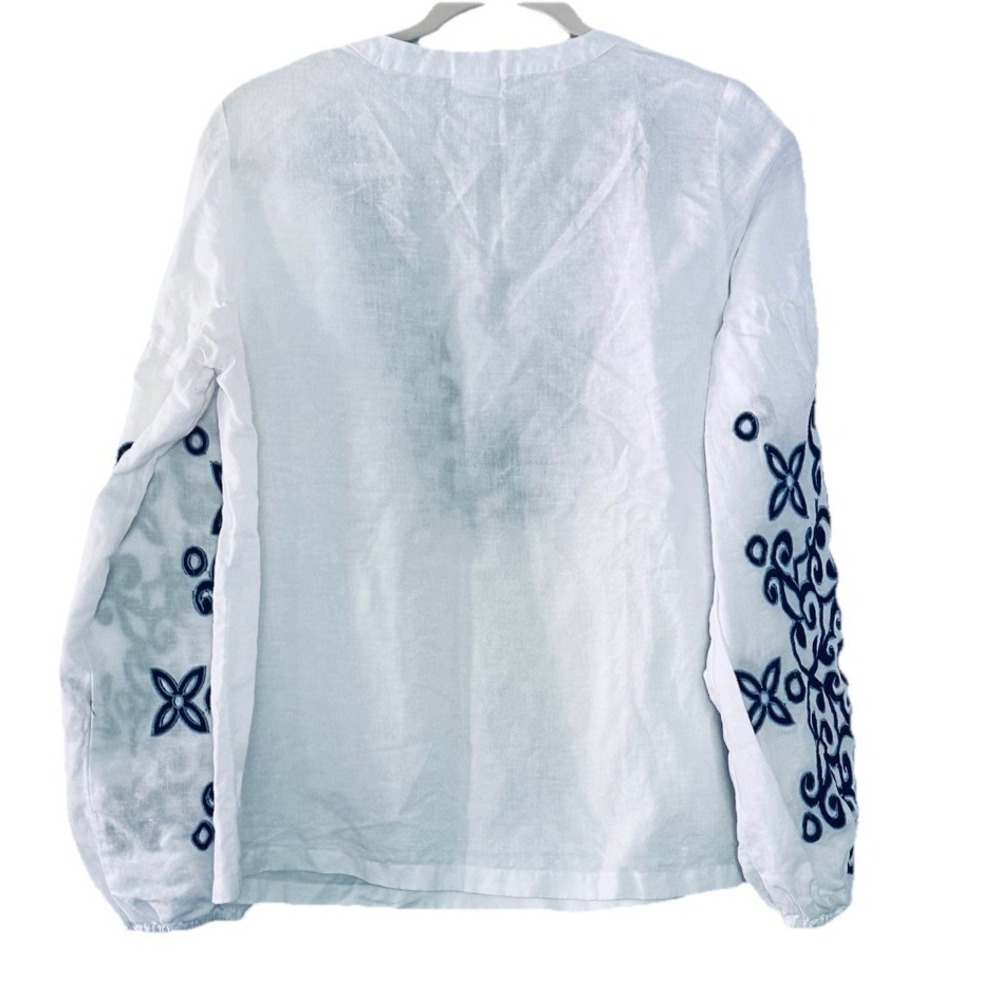Lascana Women's 8 Top White Navy Blue Embroidered Long Sleeves V-neck Blouse - Picture 5 of 9